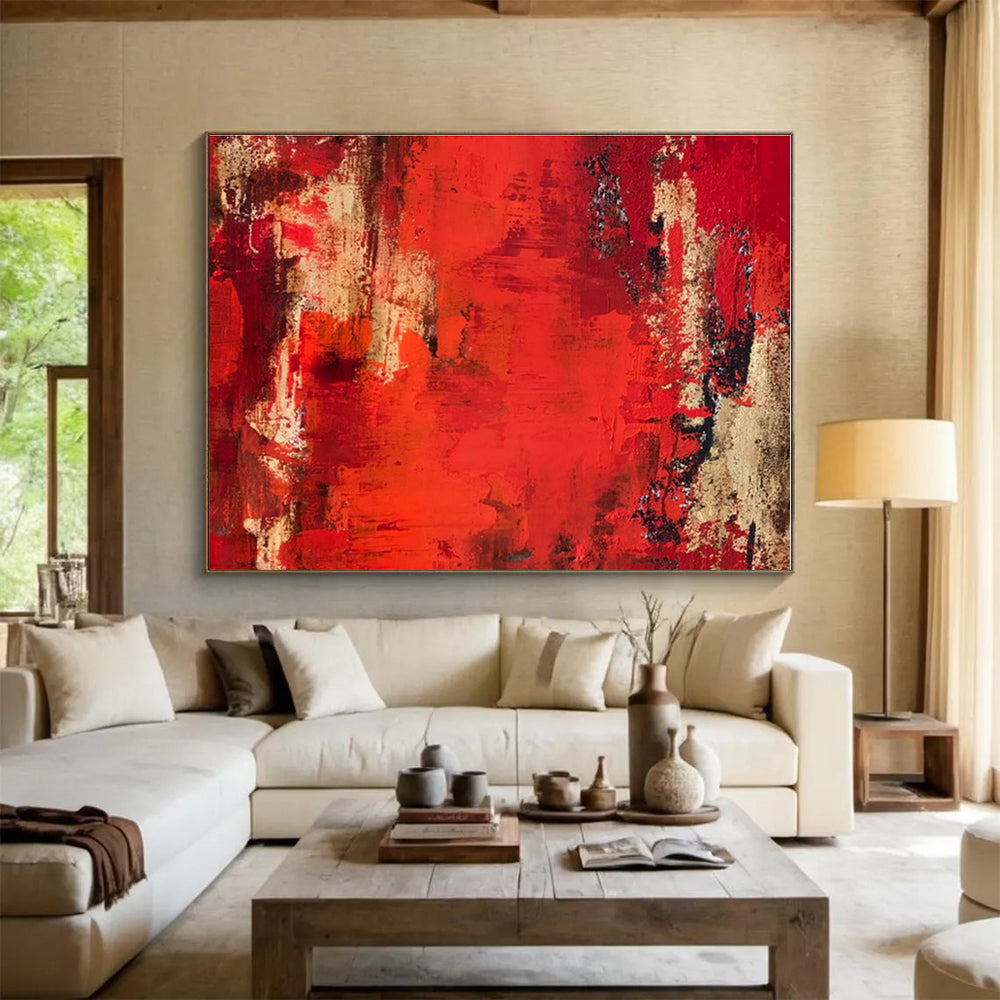 Oversized Abstract Wall Art Red & Beige Textured Abstract Painting On Canvas HPS080