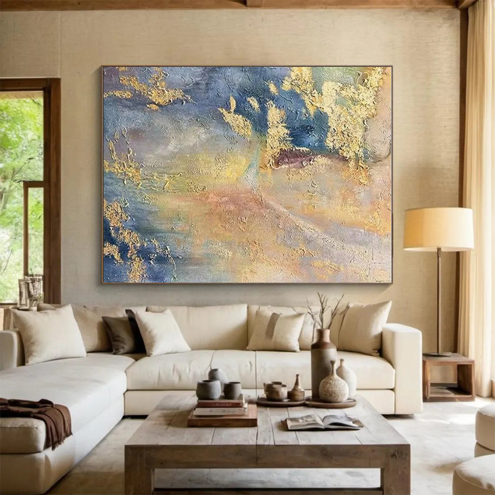 Acrylic Modern Art Paintings Blue Gold Textured Abstract Landscape Art PT507