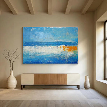 Large Contemporary Wall Art Blue, White & Orange Textured Coastal Abstract Painting HPS286