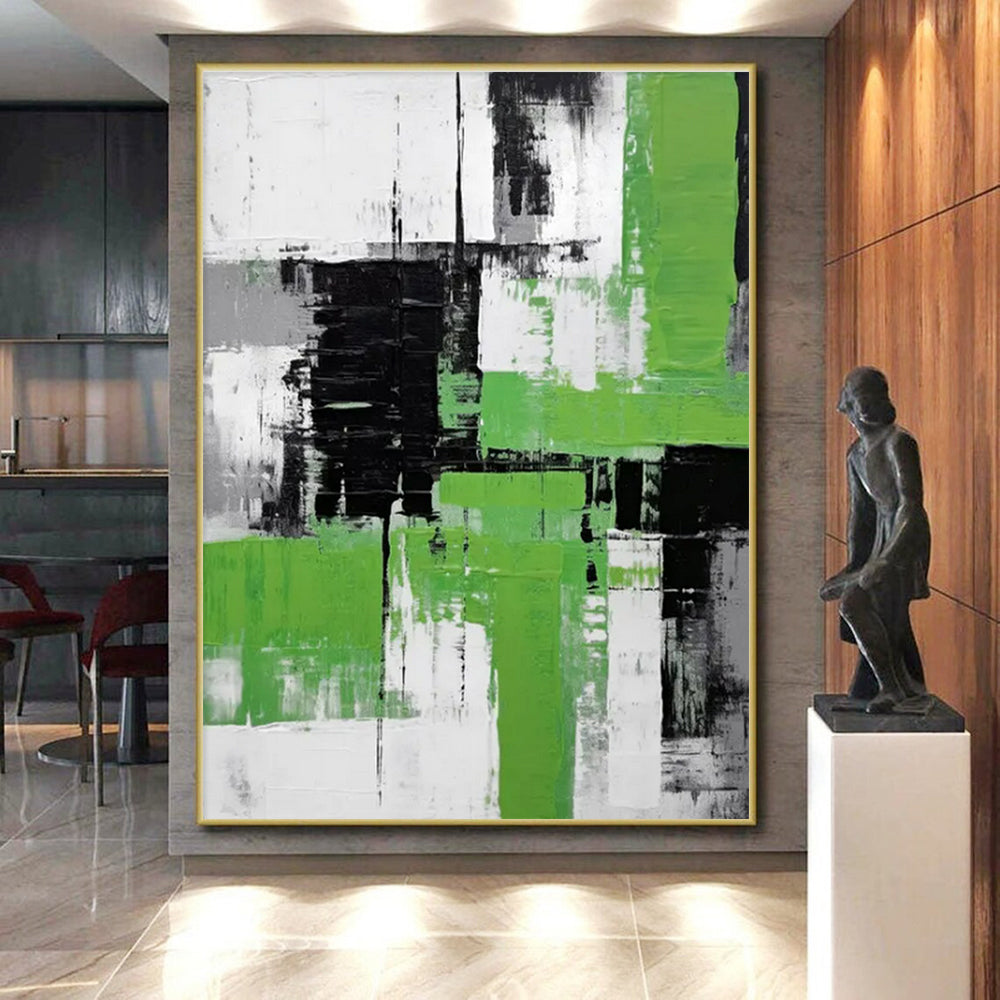 Cool Abstract Paintings Green, Black, White, and Gray Geometric Abstract Art PT796