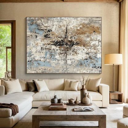 Large Abstract Painting For Living Room, Beige Blue Black Abstract Textured Art PT180