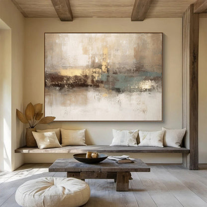 Hand-Painted Beige, Gold & Teal Abstract Textured Art HPS201