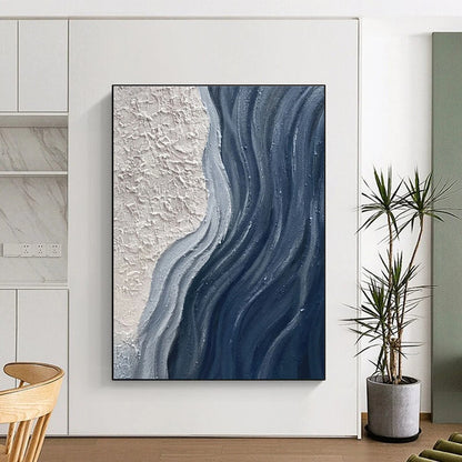 Large Size Beige Navy Textured Abstract Wave Acrylic Art PT444