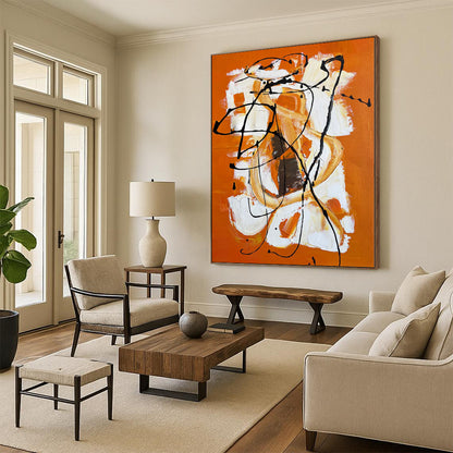 Oversized Abstract Wall Art Orange, White & Black Textured Abstract Painting On Canvas PT050