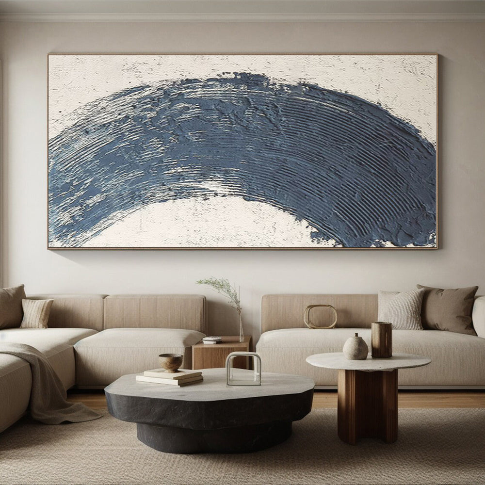 Hand-Painted Navy Beige Circular Abstract Textured Acrylic Art PT445