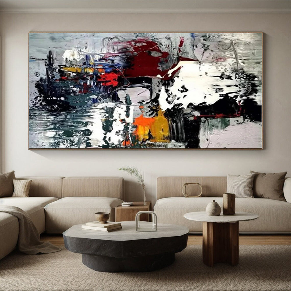 Hand-Painted Multicolor (Red, Black, White, Yellow, Blue) Abstract Energetic Shapes Painting On Canvas PT271