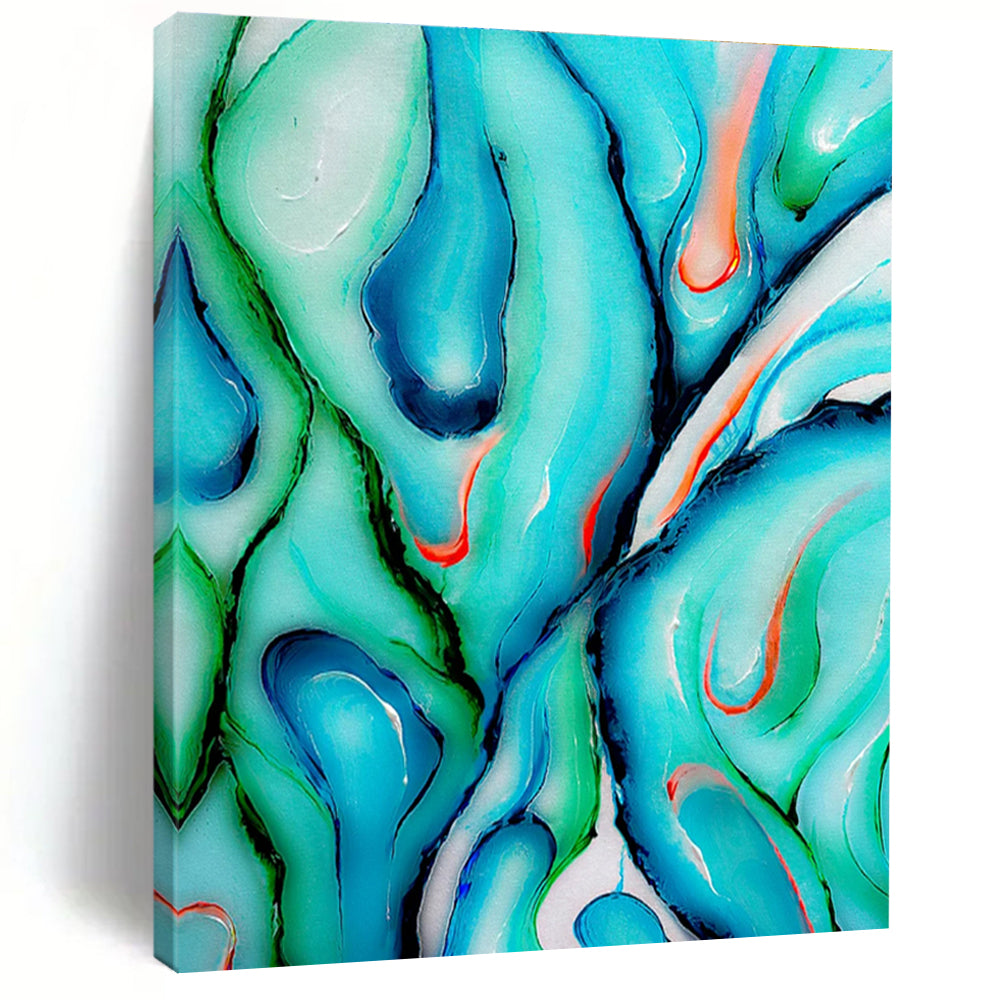 Unique Abstract Art Turquoise, Green, and Orange Fluid Abstract Art PT724