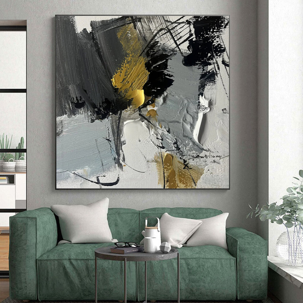 Large Size Gray Black Gold Abstract Expressionist Acrylic Painting PT466