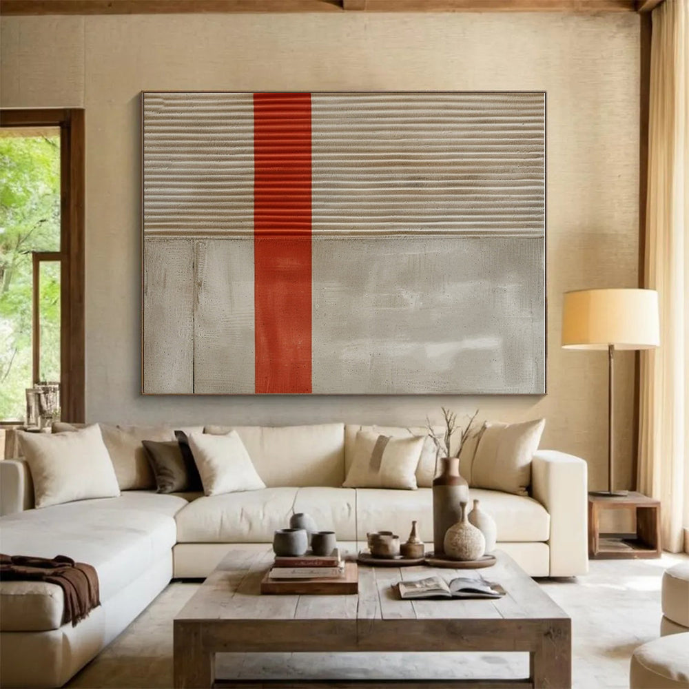 Minimalist Canvas Art with Beige, Gray, and Red Geometric Lines, Handmade Art PT203