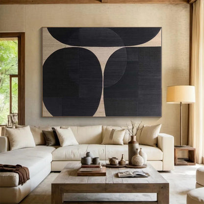 Minimalist Canvas Art in Black and Beige Circular Geometric Shapes, Hand Painted Art PT324