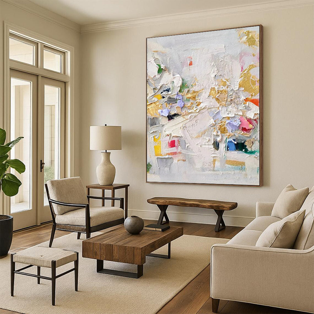 48x60 - Multicolor Textured Abstract Art with Gold Accents PT566