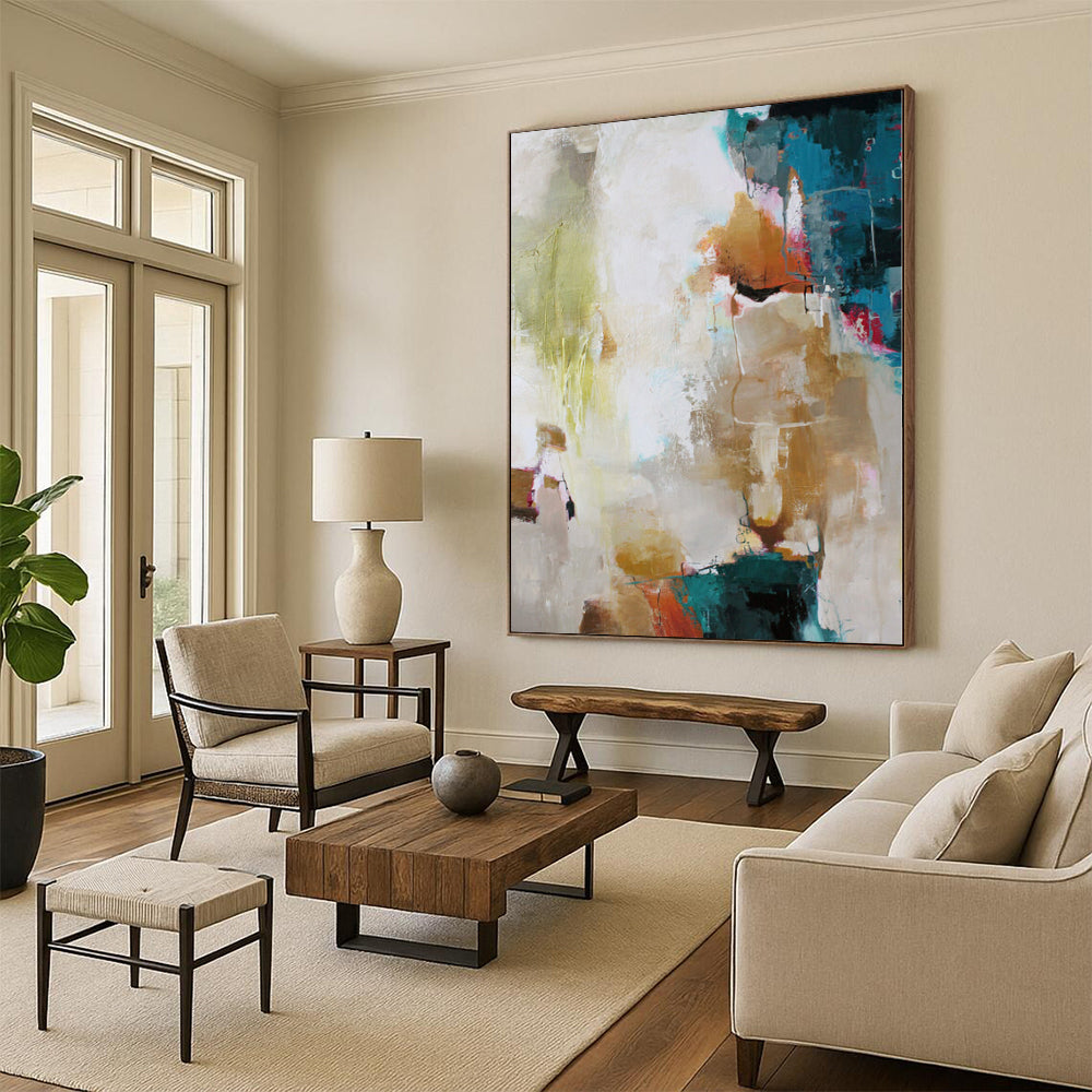 Hand Painting with Multicolor (Teal, Beige, Pink) Abstract Composition PT012