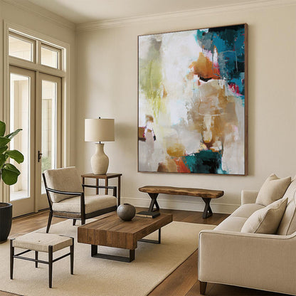 Hand Painting with Multicolor (Teal, Beige, Pink) Abstract Composition PT012