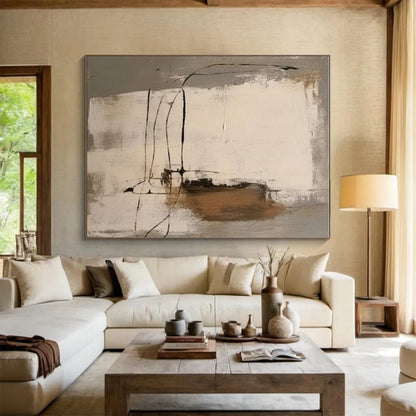 Minimalist Canvas Art Gray Beige Black Line Abstract Artwork PT483