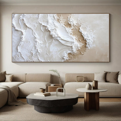 Oversized Abstract Wall Art Beige White Textured Wave Acrylic Art PT450