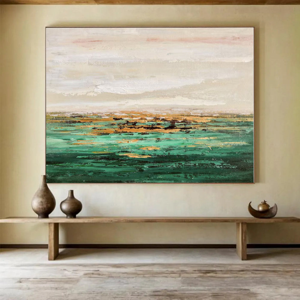 Minimalist Canvas Art Green & Gold Landscape Abstract Painting On Canvas HPS126