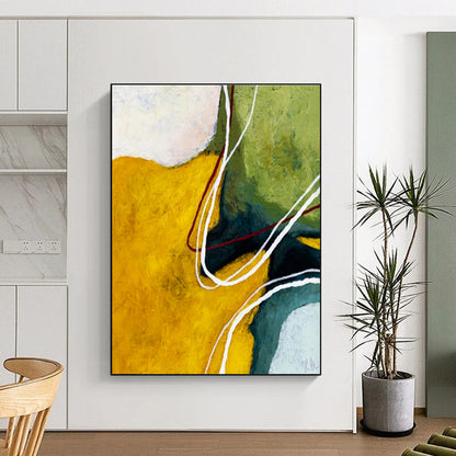 Unique Abstract Art Yellow, Green, and White Curved Abstract Art PT822