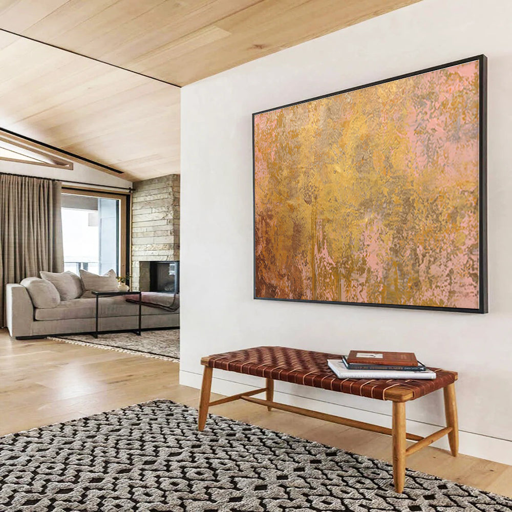 Oversized Abstract Wall Art Gold & Pink Textured Abstract On Canvas HPS019