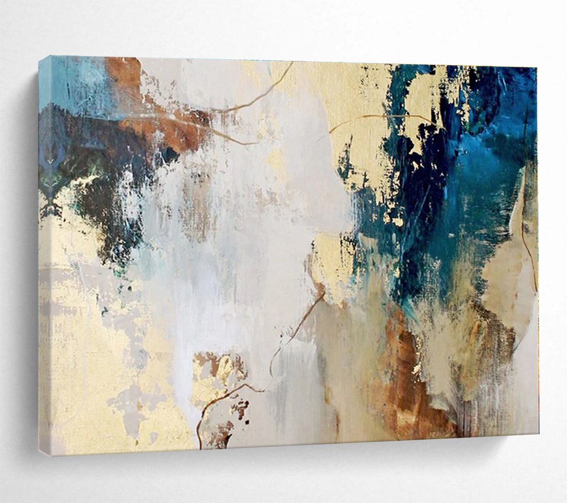 Unique Abstract Art Blue, Gold & Brown Textured Abstract Painting On Canvas HPS113