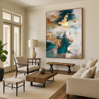 Large Contemporary Wall Art Teal, Gold, and White Abstract Art PT649