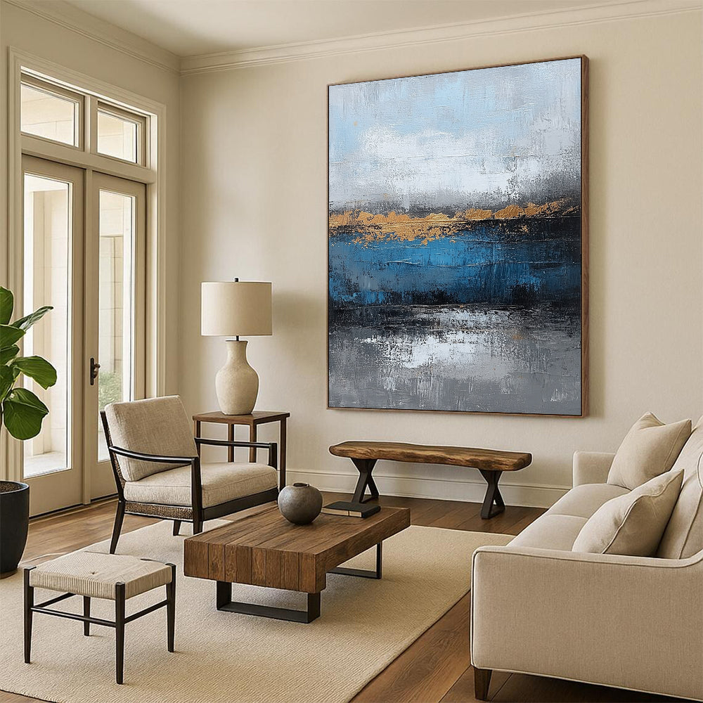 Large Contemporary Wall Art Blue, Gray, and Gold Abstract Landscape Painting DPS429