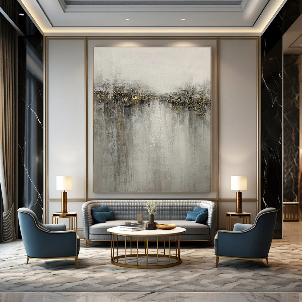 Hand-Painted Gray & Gold Abstract Textured Cityscape, Paintings For House DPS511