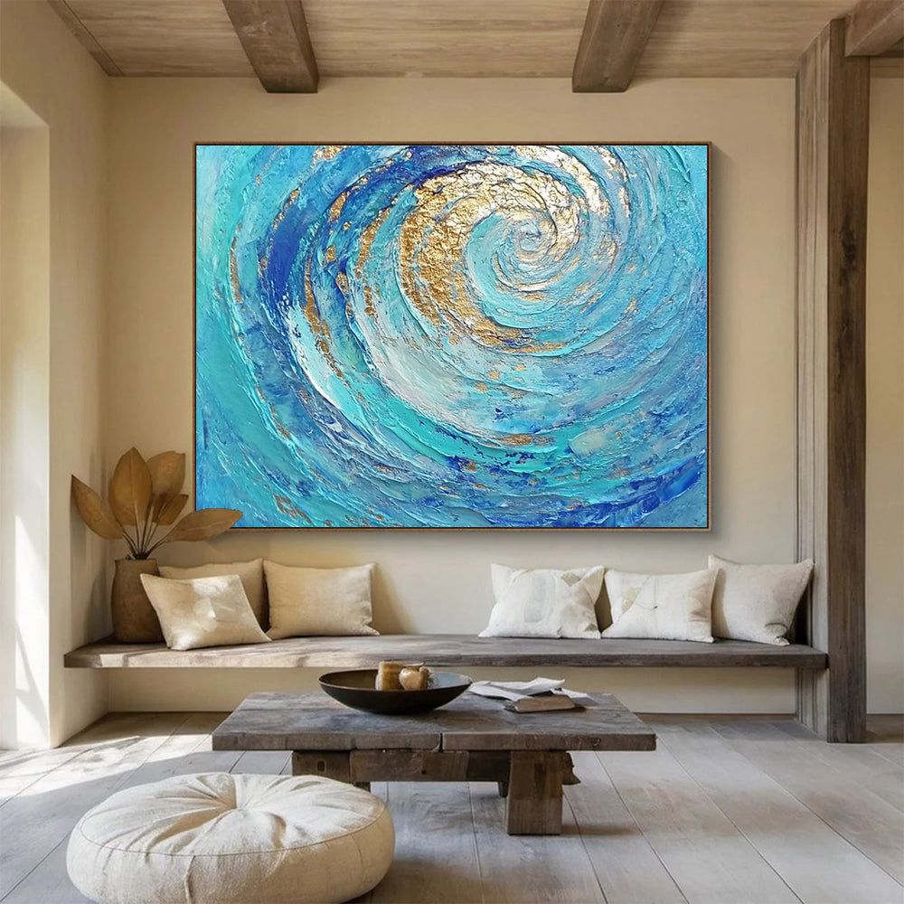 Hand Painted Art Turquoise, Blue & Gold Textured Spiral Abstract Painting HPS257