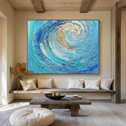 Hand Painted Art Turquoise, Blue & Gold Textured Spiral Abstract Painting HPS257