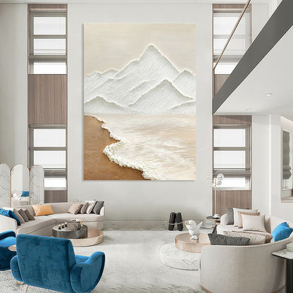Handmade Art Beige and White Mountain and Sea Abstract Landscape Painting DPS449