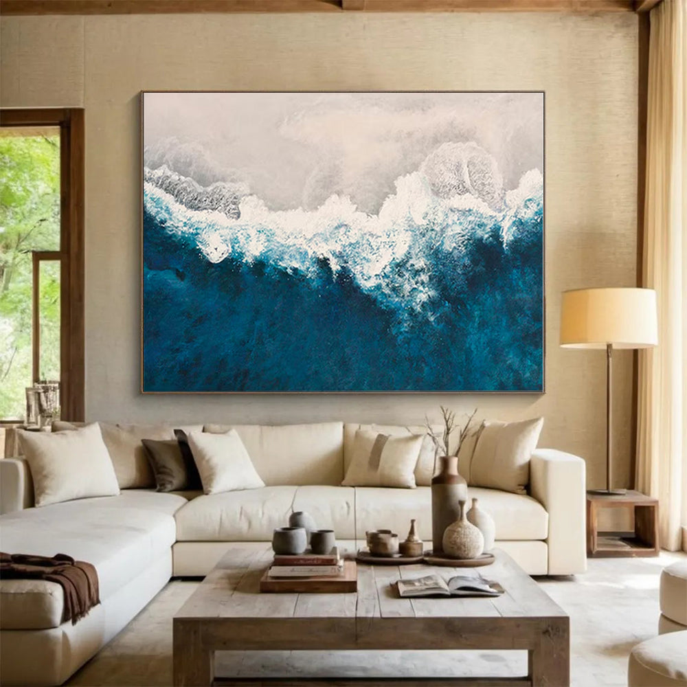 Unique Abstract Art Blue, White, and Beige Textured Sea Abstract Art PT774