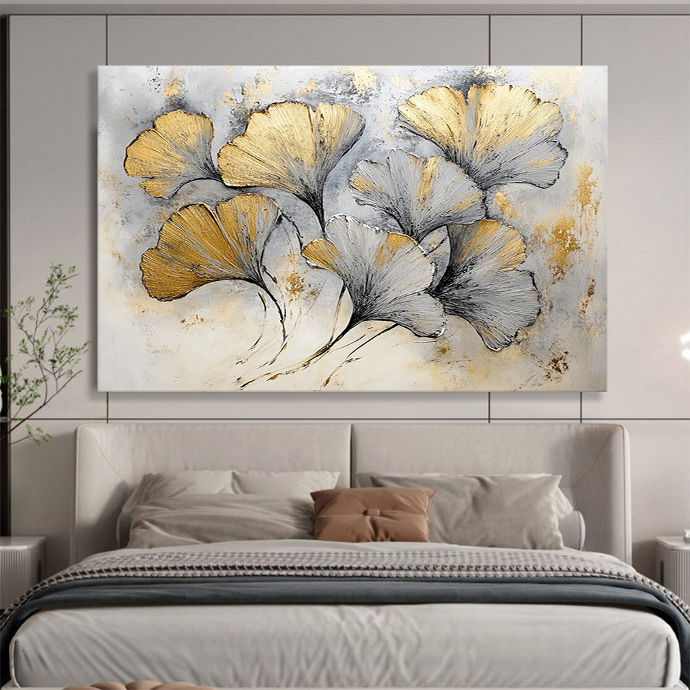 Huge Size Gold and Gray Ginkgo Leaves Textured Abstract Painting HPS303