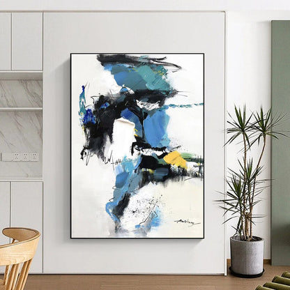 Hand Painting Blue, Black, White, and Yellow Dynamic Abstract Art PT791