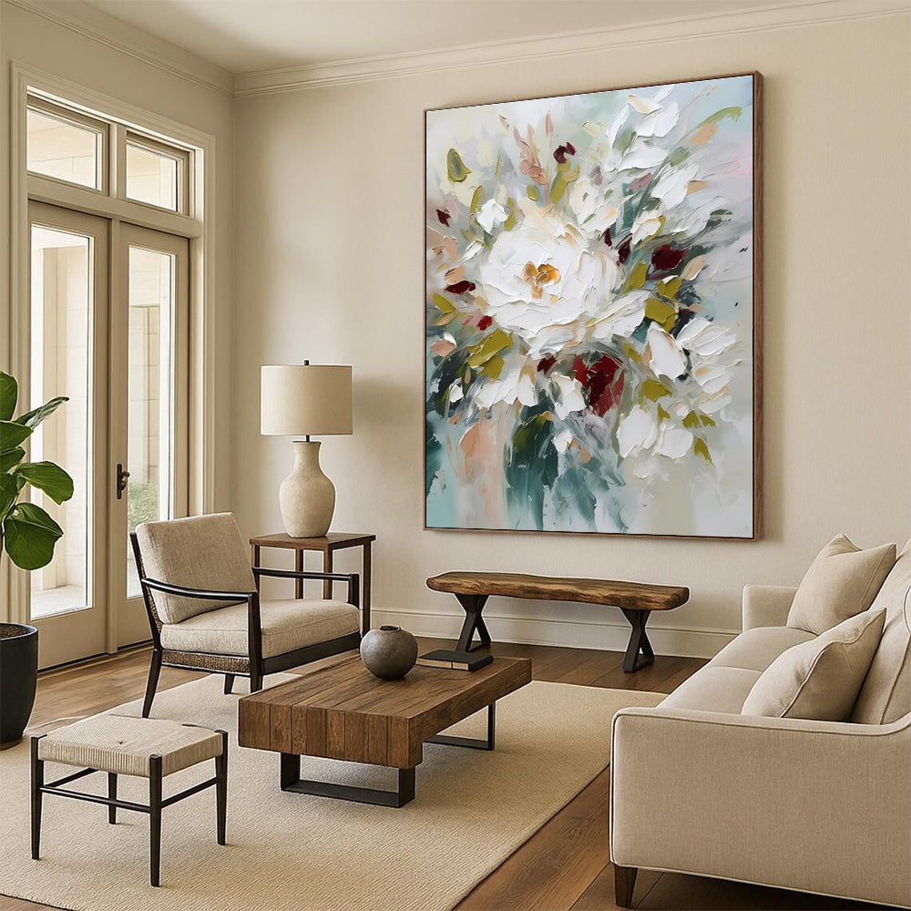 Hand-Painted White, Green & Red Floral Abstract, Paintings For House DPS501