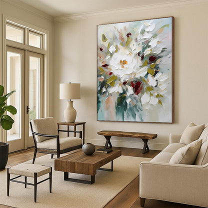 Hand-Painted White, Green & Red Floral Abstract, Paintings For House DPS501