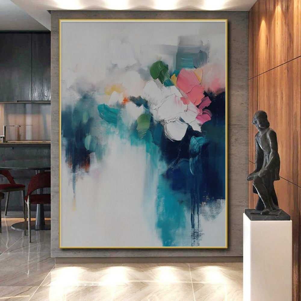 Modern Art Acrylic Blue, White, and Pink Floral Abstract Art PT718