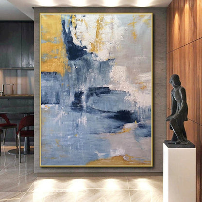 Modern Art Acrylic in Blue, Grey, Yellow, and White Abstract Textural Layers PT248