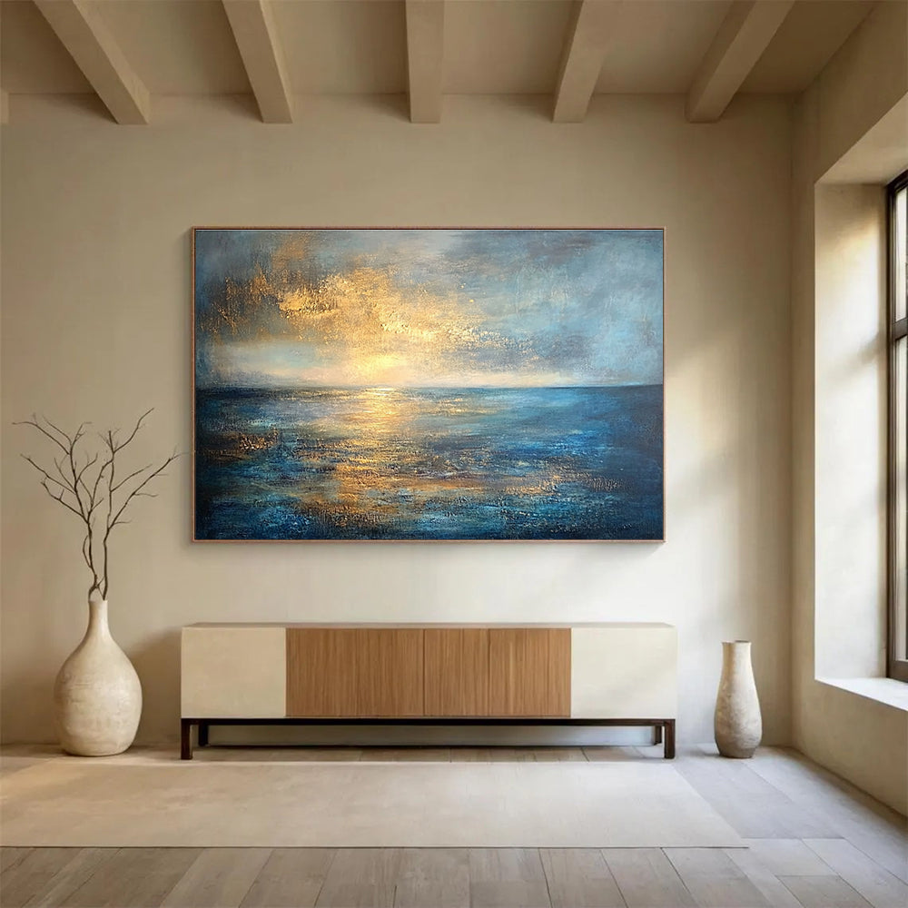 Modern Art Acrylic Blue, Gold & Gray Textured Coastal Abstract Painting HPS288