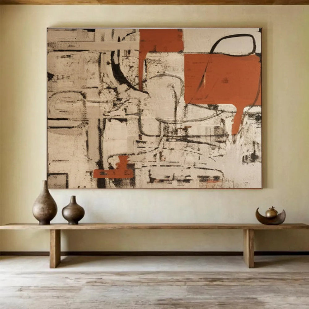 Large Size Orange, Black & Beige Abstract Geometric Art HPS212