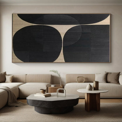 Big Painting Black and Beige Circular Abstraction, Large Size Modern Art Acrylic PT515