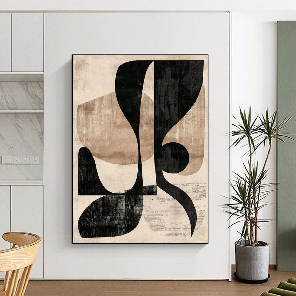 Unique Abstract Art Black Beige Geometric Shapes Modern Artwork PT433