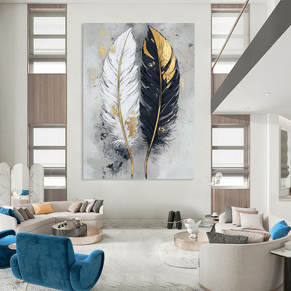 Hand-Painted Black, White & Gold Feather Abstract, Acrylic Modern Art Painting DPS499