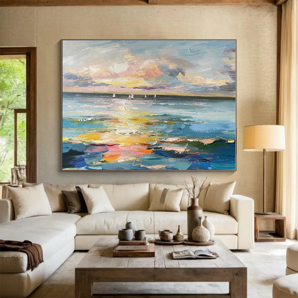 Oversized Abstract Wall Art Colorful Sunset & Sailboats On Sea Abstract On Canvas HPS040