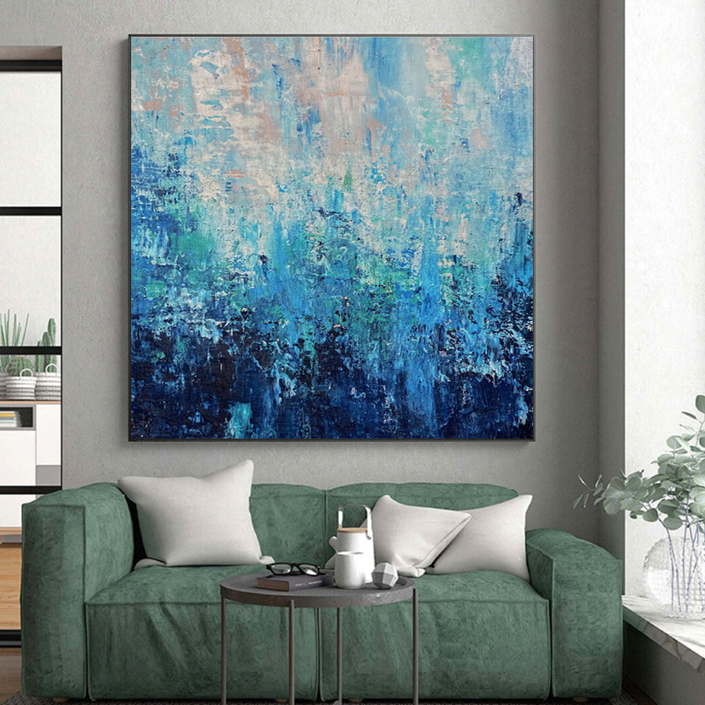 Oversized Abstract Wall Art in Shades of Blue and Teal, Hand-Painted Acrylic PT289