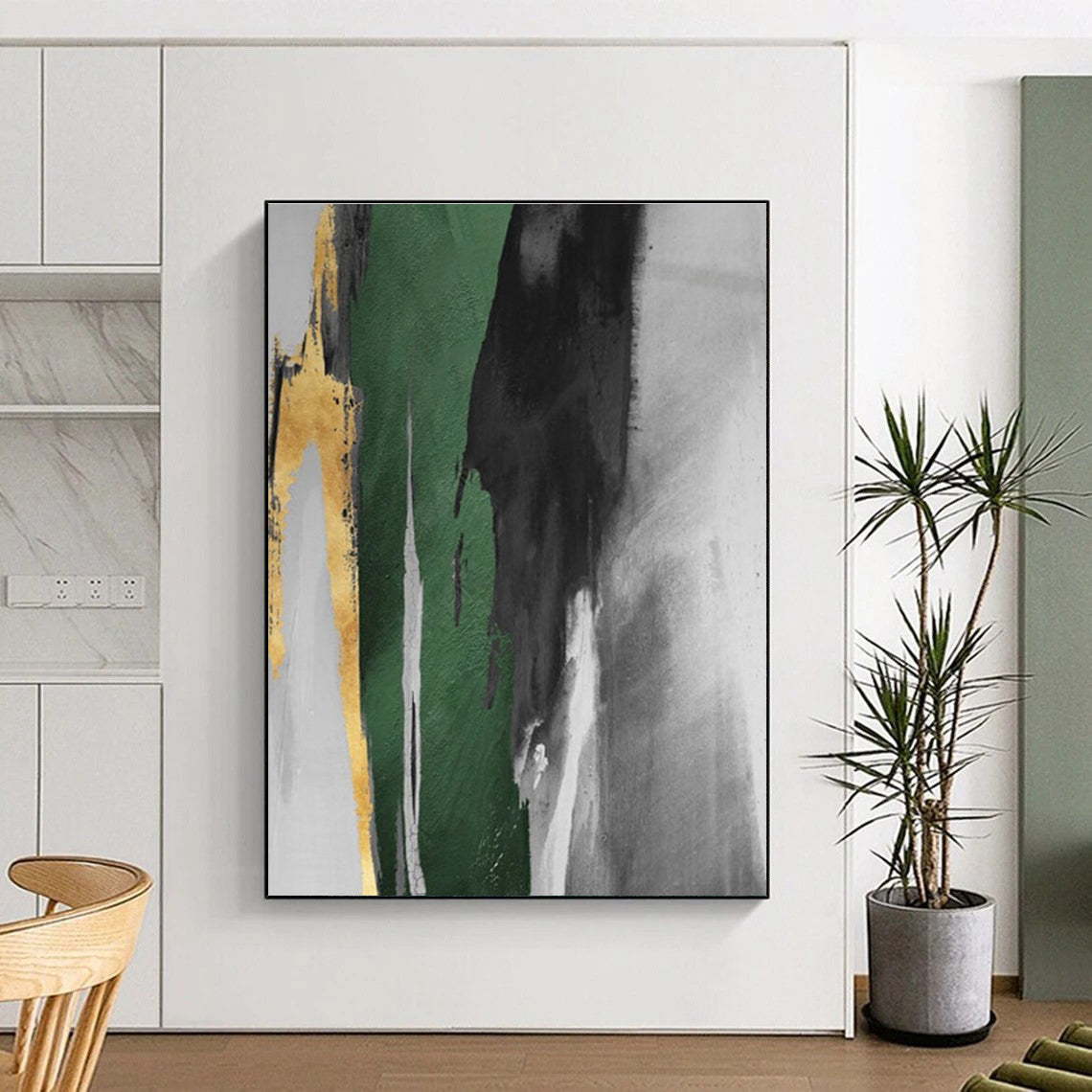 Hand-Painted Green, Black, Gold and Gray Abstract Dynamic Piece, Modern Art Acrylic PT536