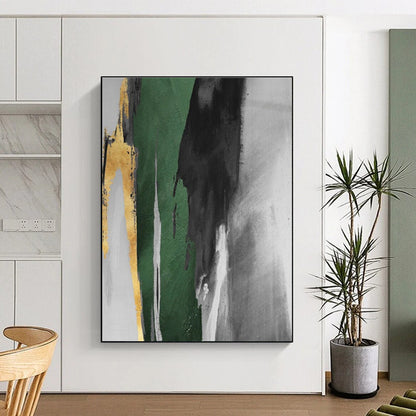 Hand-Painted Green, Black, Gold and Gray Abstract Dynamic Piece, Modern Art Acrylic PT536