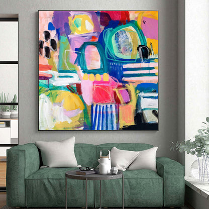 Unique Abstract Art with Vibrant Multicolored Shapes, Hand-Painted Acrylic Modern Art PT296