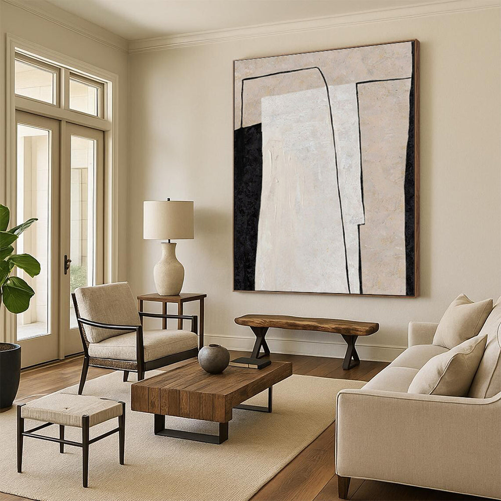 Hand Painting Beige, Black, and White Geometric Abstract Art PT698