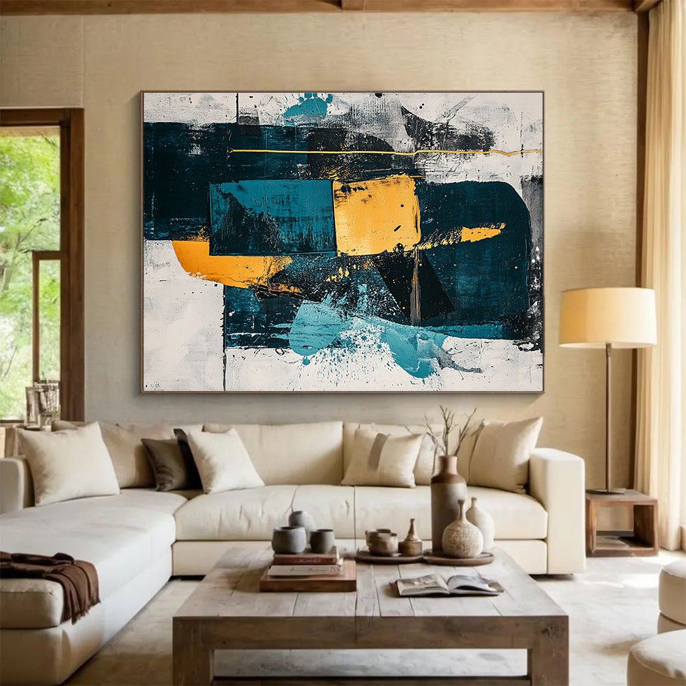 Large Contemporary Wall Art Teal, Yellow, and Black Geometric Abstract Art HPS326