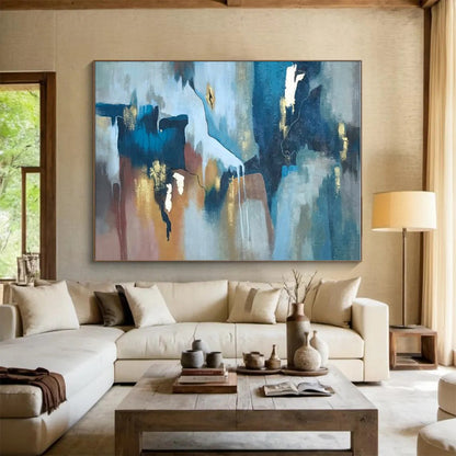 Large Contemporary Wall Art Blue, Brown, and Gold Abstract Art PT652