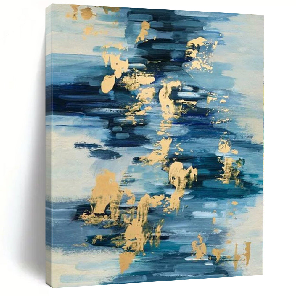 Hand-Painted Blue and Gold Abstract Painting with Brush Strokes, Acrylic Modern Art PT001